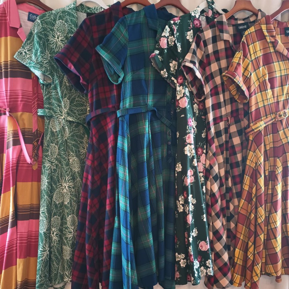 Modcloth Collectif Caterina teal and blue plaid dress size UK 16